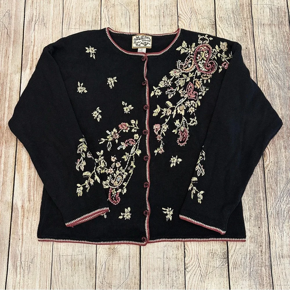 Vintage Heirloom Collectibles Embroidered Cardigan Large 90s Chunky Whimsigoth - Picture 1 of 8